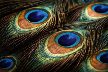 Obraz premium Close up macro view of peacock feather eye patterns in vibrant colors