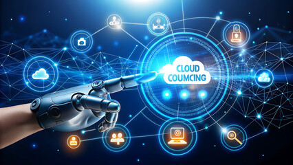 Robotic hand pointing at a glowing cloud computing network with digital icons representing data, security, and connectivity.