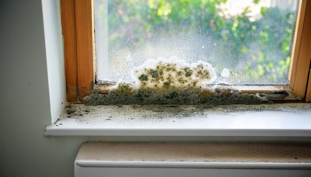 mold growth visible on windowsill and wall in poorly ventilated room