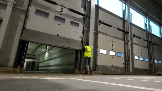 A low angle shot on a warehouse floor as a worker wearing a high visibility vest presses a button to open a large white sectional loading dock door revealing an empty semi trailer