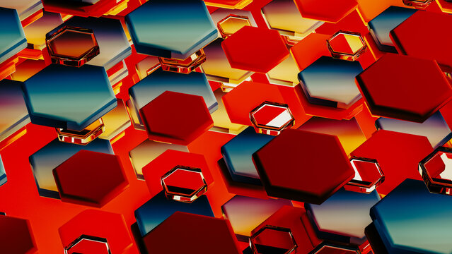 3D colorful hexagonal shapes create a vibrant background