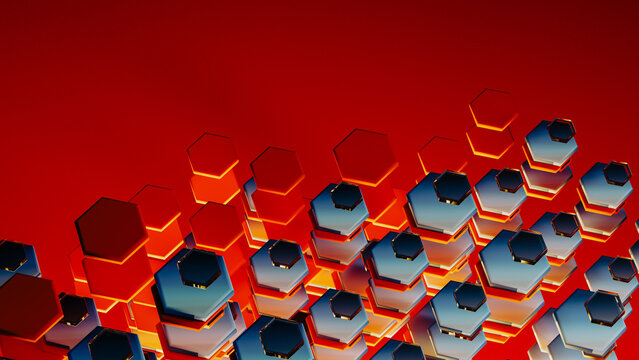 3D colorful hexagonal shapes create a vibrant background