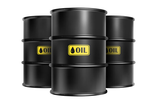 Three realistic black oil barrels with yellow labels stacked, industrial energy source isolated on transparent background, png