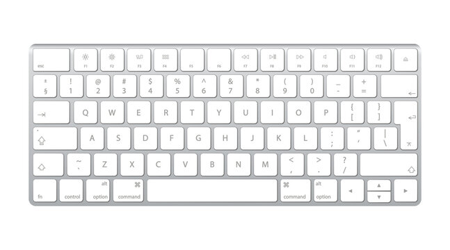 Modern white computer keyboard illustration for desktop and office work, clean vector design, isolated on transparent background, png.