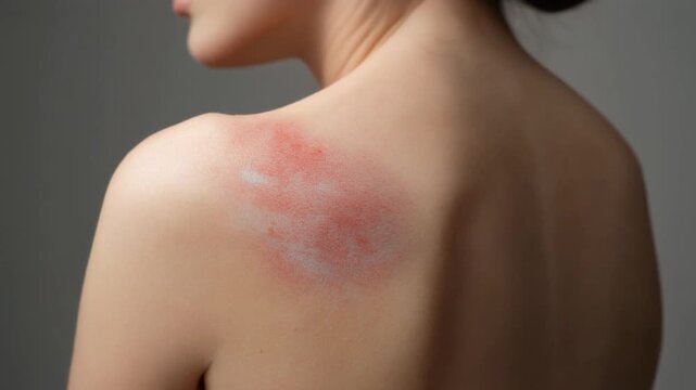 Close up shot of a young woman's bare shoulder displaying a large, inflamed patch of red skin rash, possibly eczema or allergic reaction, against a muted gray studio