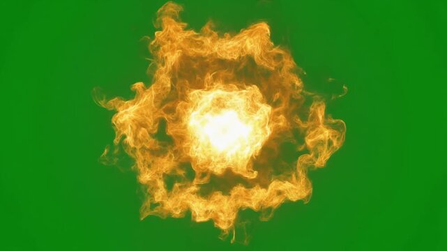 Intense spherical burst of bright yellow and orange magical fire energy expanding outward in a dynamic, swirling motion against a solid chroma key green screen