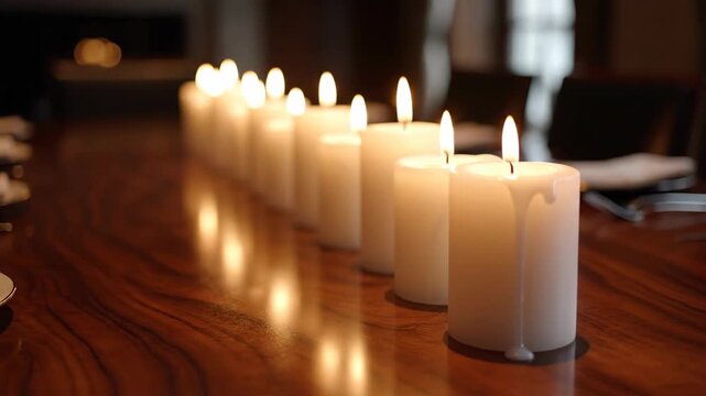 Row of burning white candles on a wooden table. Luxury romantic dinner setting with flickering flames and reflection. Winter holiday or Christmas celebration atmosphere