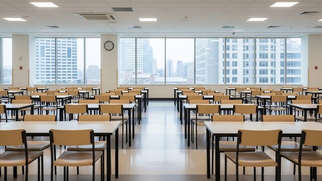 Modern Cafeteria or Dining Hall with Rows of Tables and Chairs.