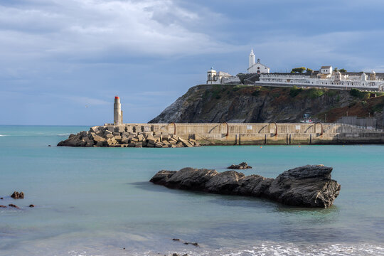 Luarca Harbor Beacon and Lighthouse Above Cliff, Asturias