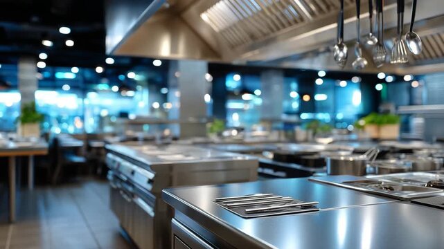 Close-up view of a vacant professional restaurant kitchen, precision-cut steel countertops, hanging chef knives and ladles perfectly aligned, industrial ventilation hood looming ab