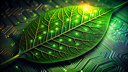 A brightly lit green leaf with glowing nodes rests on a detailed, illuminated circuit board, symbolizing eco-technology.