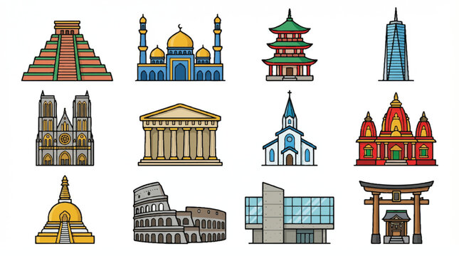 Colorful illustrations of famous landmarks and buildings from around the world in various architectural styles