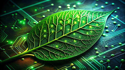 Detailed green leaf with radiant internal light, set against a futuristic circuit board with scattered glowing elements.