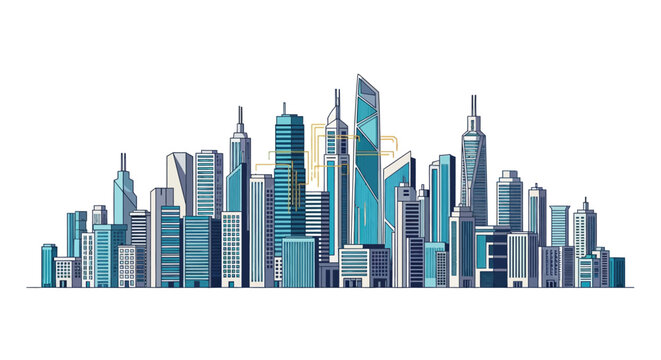 Modern cityscape illustration featuring prominent skyscrapers and urban architecture from a frontal viewpoint