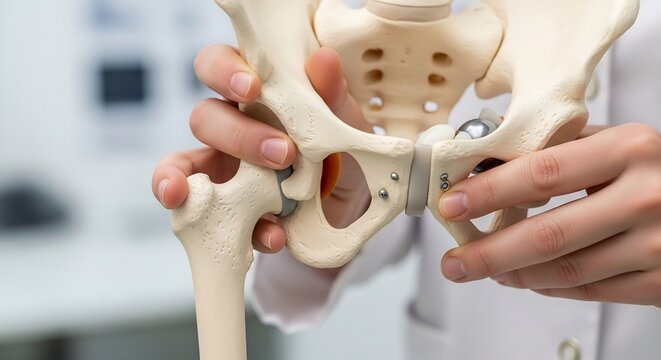 Closeup of a doctor demonstrating a hip joint prosthesis model.