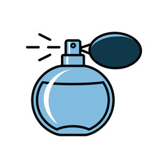 Obraz premium A light blue glass perfume bottle with a dark blue bulb sprayer is shown