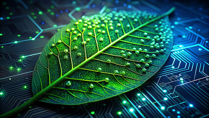 Vibrant green leaf with dew-like glowing spheres, set against a deep blue and green digital circuit board backdrop.