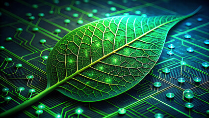 Vibrant green leaf with glowing circuitry pattern, symbolizing nature and technology integration.