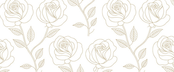 Seamless floral rose pattern, elegant line art illustration, golden outline vector design, decorative artwork, botanical motif, wallpaper, fabric, stationery © Abu