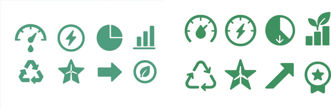 Various icons illustrate concepts of sustainability, energy efficiency, and recycling. These symbols are designed to promote awareness of environmental issues and solutions.