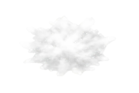 White powder explosion creating a dust cloud effect with flying particles on transparent background