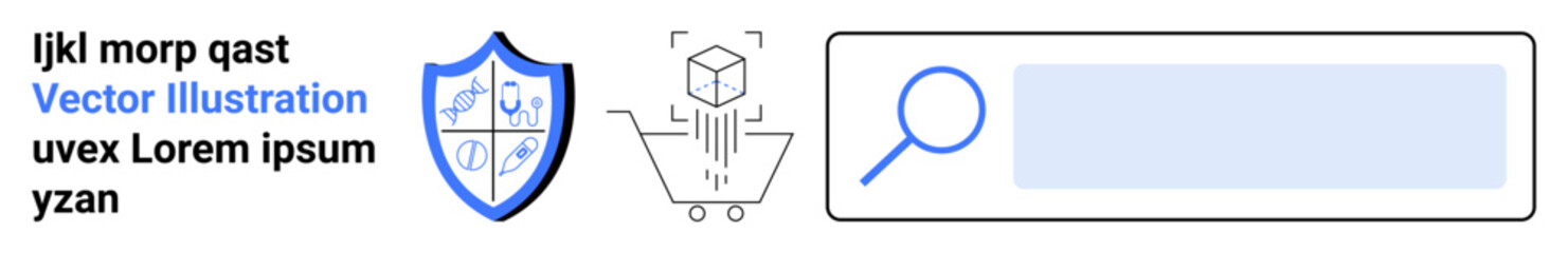 Online shopping, cybersecurity, data protection, search, technology, software. Shield for cybersecurity, shopping cart and search icon. Cybersecurity and online shopping concept