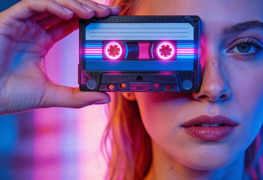 Frau h&auml;lt Musikkassette vor das Gesicht