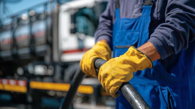 Dynamic perspective of a male worker gripping a hose, bright yellow gloves and blue uniform contrasting with the polished vacuum truck behind, industrial yard subtly blurred, stron