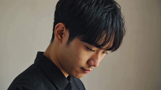 Young asian man in black shirt looking downward with contemplative expression, soft lighting on neutral background, quiet introspective moment, emotional portrait

