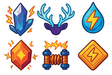 Various colored icons representing elements such as water, electricity, and nature in a game design style