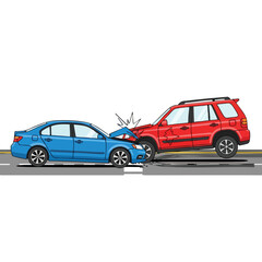Obraz premium Car Collision Scene with Two Vehicles on Road Showing Front End Impact