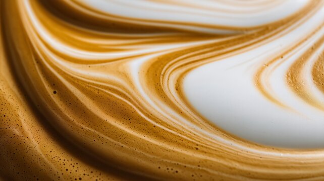 Coffee background represented by close up of latte art, barista-level quality, soft golden crema, smooth velvety milk foam, contrast swirls. 