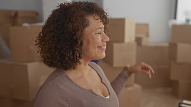 Smiling woman leans back stretching arms among stacked cardboard boxes in new building; serenity anticipation comfort relief.