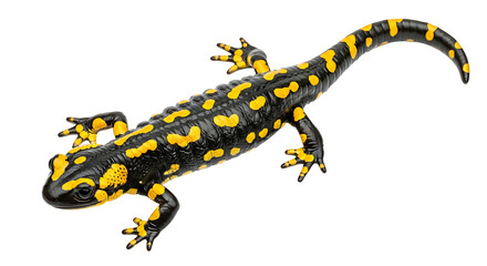 Obraz premium Vibrant salamander with striking yellow and black patterns resting on a plain background PNG isolated on transparent background 