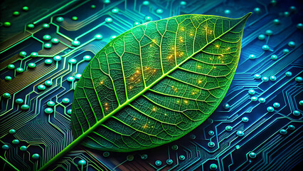 Close-up of a vibrant green leaf with intricate veins, superimposed on a glowing blue and green digital circuit board, symbolizing eco-tech fusion and nature's digital transformation.