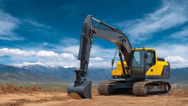 Heavy-duty excavator at a bustling construction site under a bright blue sky, sun glinting off yellow machinery, dirt and gravel scattered around, wide-angle banner layout with amp