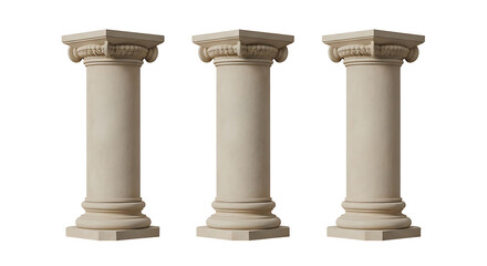 Obraz premium Three classical columns standing side by side in a row with uniform design. PNG isolated on transparent background 