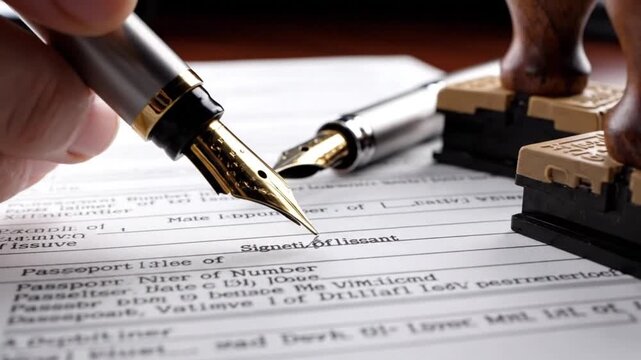 A close-up of a person's hand holding a fountain pen, signing a legal document, with another hand pressing a stamp on a wooden handle, in a realistic and detailed style, conveying a sense of