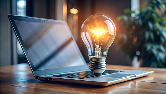 Close-up of a lit light bulb on a laptop, representing a spark of genius, new digital solutions, and forward-thinking business strategies.