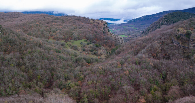 Aerial view from a drone of the Artazul Waterfall in Aizp&uacute;n in the Ollo Valley. Navarre, Spain. Europe