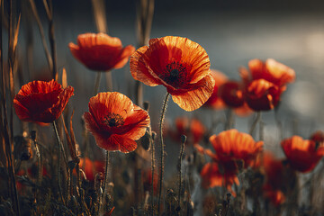Fototapeta premium Red poppy flower field glowing in soft light with delicate petals and dark center, creating warm and peaceful natural scene in blurred background