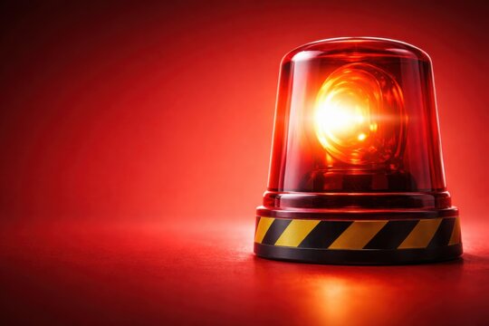 Red emergency light flashing brightly on dark background with warning stripes at base