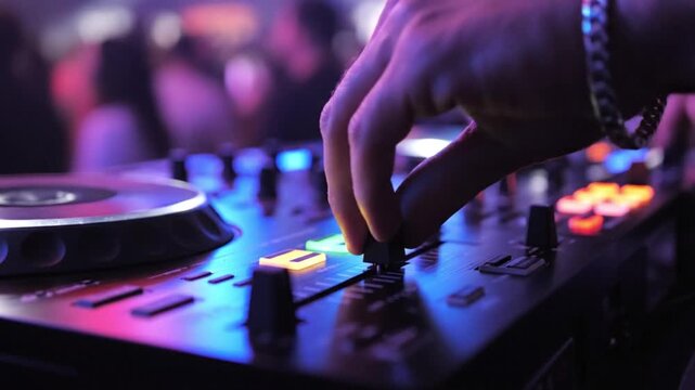 DJ's hand adjusting fader on professional DJ controller with colorful lights on mixing console at nightclub party with blurred crowd in background, capturing dynamic nightlife atmosphere in 