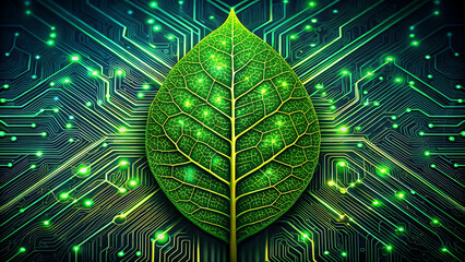 Central green leaf with detailed veins radiating light, placed on a symmetrical digital circuit board pattern, highlighting the fusion of organic life and modern computing.