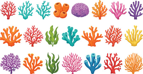 Colorful Coral Reef Vector Set Featuring Sea Corals, Sponges, and Marine Plants for Ocean Life, Aquarium, and Underwater Designs © MdMunzurul