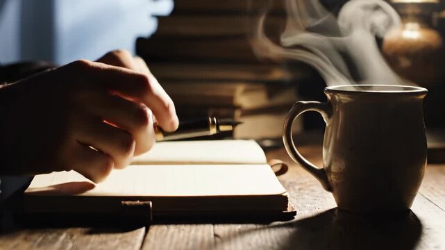 Warm Steaming Coffee Mug Beside Open Notebook and Pen for Writing.