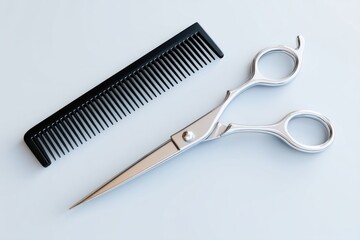 3D render of professional stainless steel hairdressing scissors and a black comb. Salon equipment. Sharp metallic texture. Minimalist beauty concept