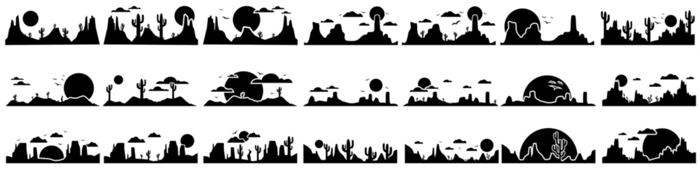 Desert vector icon set. Mountain landscape Illustration sign collection. Mountains symbol or logo.