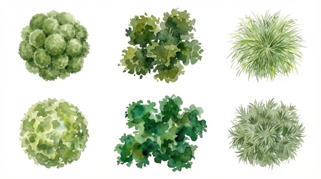 Top view landscape plan symbols showing watercolor trees and shrubs for architectural design