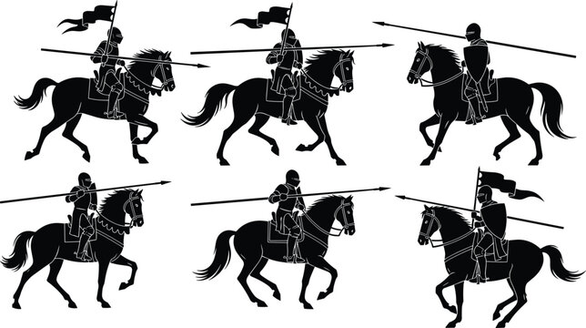 Black silhouette illustrations of medieval knights on horseback with lances and flags, vector historical artwork for chivalry, jousting, warfare, tournaments, and creative design projects